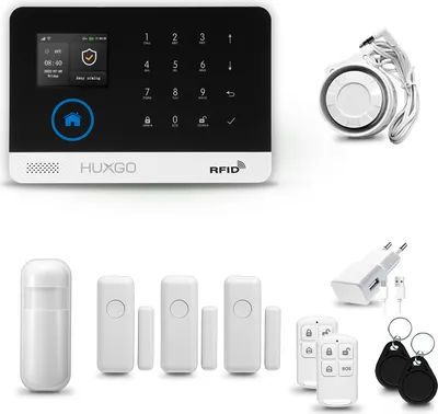 Produktbild von HUXGO HXA003 Alarmanlage Haus WiFi + GSM 4G mit Sirene, Alarm System mit 1x Bewegungssensor und 5x Tür- Fenstersensor, Tuya Smartlife App