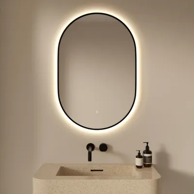 Image de Miroir de salle de bain LED Mirlux - 90 x 60 cm avec cadre noir - Forme ovale - 3 modes d'éclairage réglables - Fonction anti-buée - Étanchéité IP44 -tactile