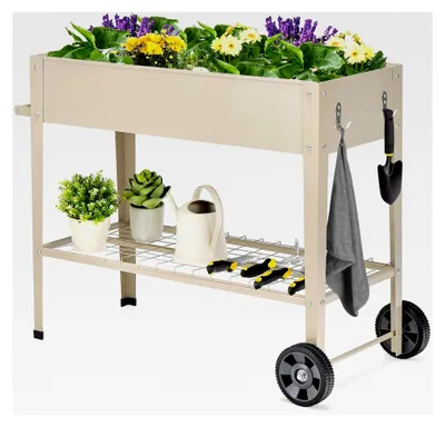 Produktbild von Metallhochbeet, Erhöhtes Gartenbeet mit 2 Rollen und Ablage, Pflanzkasten mit Haken und Griff, Kräuter- und Gemüsebeet groß, für Balkon, Garten, Terrasse, 95 x 40 x 80 cm (Weiß)