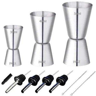 Produktbild von Cocktail Messbecher Set Edelstahl 3 Stück Doppelmaß 30/40/50ml mit Flaschenausgießer & Bürste