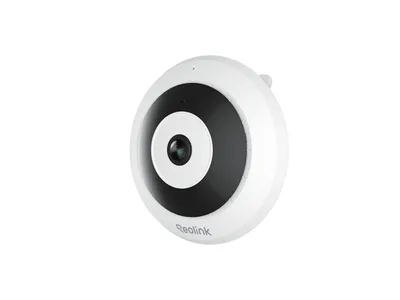 A white, round security camera with a black and white lens area, placed on a white background.