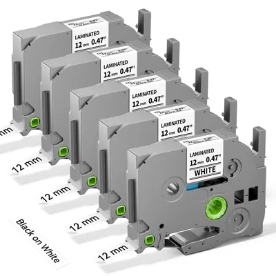 Productafbeelding van Labeltape TZe-231 12 mm - Zwart op Wit Gelamineerd - 5 Stuks