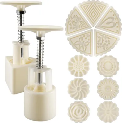 Produktbild von Mondkuchenform, Mondkuchen, 2er-Set Plätzchenpressen in Blumen- und Dreiecksform mit 11 Mustern, Utensilien zum Dekorieren und Backen von Kuchen – Weiß