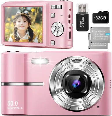 A pink digital camera with accessories, including a memory card and batteries, displayed in a collage format.