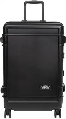 A black Eastpak trolley case with wheels and a retractable handle.
