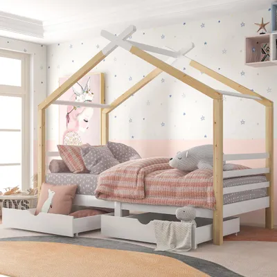 Produktbild von Kinderbett mit Lattenrost und 2 Schubladen, 90x200 cm, Hausbett aus Kiefer, Massivholzbett, Einzelbett, Jugendbett