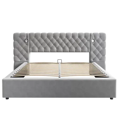 Produktbild von Flieks Hydraulisches Polsterbett 180x200cm mit Leselichte, Stauraumbett Boxspringbett mit Stauraum, Doppelbett Holzbett Funktionsbett, Samt, Grau