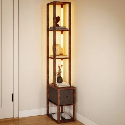 Produktbild von HOMCOM Stehlampe Wohnzimmer moderne LED Standlampe mit Regalen, Stoffschublade