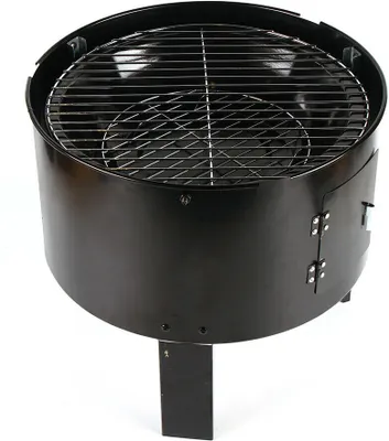 A black barbecue grill with two grates, shown from a slightly elevated angle against a white background.