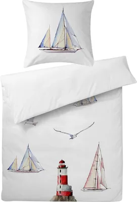 Produktbild von Mako Satin Bettwäsche 135x200 Maritim Segelboot Bettbezug 135 x 200 aus 100% Baumwolle