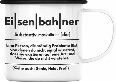 Produktbild von Trendation - Eisenbahner Geschenk Modelleisenbahn Geschenk Emaille Tasse Dampflok Spruch Mönner Geschenkdidee (Schwarz)