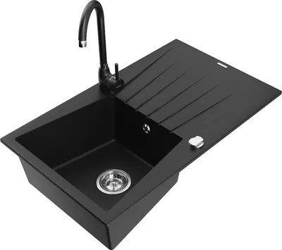 Produktbild von Mexen Cesar 1 Becken-Granitspüle mit Abtropffläche und Mischbatterie Telma, Schwarz - 6514-77-670200-70