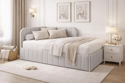 Produktbild von Bett Mario 120x200 cm, Polsterbett mit Metallrahmen, Jugendbett mit Bettkasten, Riviera-Stoff, Grau, Links