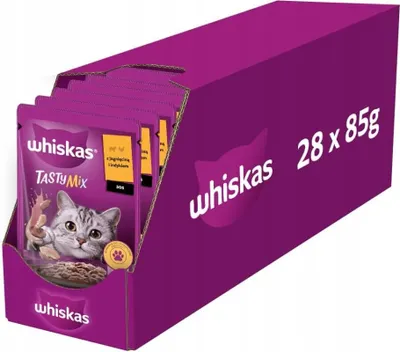 A box of Whiskas cat food pouches.