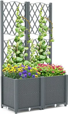 Produktbild von Blumenkasten mit Rankgitter, Pflanzkasten für Kletterpflanzen, Pflanzkübel mit Sichtschutz, Hochbeet mit Spalier & Selbstbewässerung, Blumenkübel für Garten Hof Balkon (Grau, 80 x 40 x 140 cm)