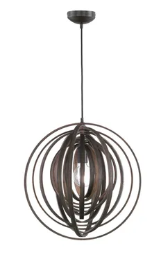 A pendant light fixture with a spherical, layered design made of wood-like material.