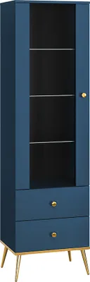 Produktbild von Vitrine in dunkelblau mit goldfarbenen Griffen und Füßen MONTPELLIER-131, B/H/T ca. 55/190/40 cm
