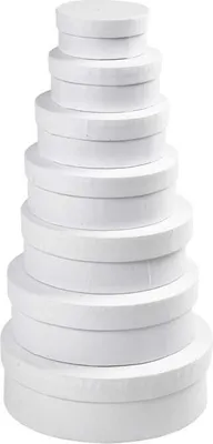 Produktbild von Runde Geschenkkartons, D: 8,5+10,5+12,5+14,5+16,5+18,5+21,5 cm, H 4+4,5+5+5,5+6+6,5+7 cm, Weiß, 7Stck.