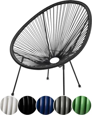 A black Acapulco chair is shown against a white background. Below the chair are five circular swatches of different colors: white, black, blue, gray, and green.