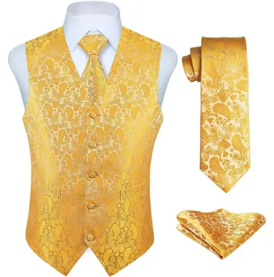 Produktbild von Anzugweste Herren Set mit Krawatte und Einstecktuch Paisley Floral Jacquard Gelb XXL
