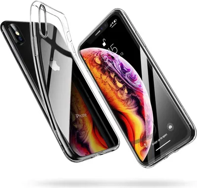 A clear protective case is shown with an iPhone inside, presented in a dynamic, angled shot against a white background.