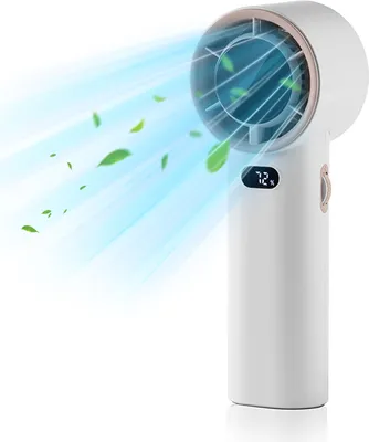 A white handheld fan with a golden rim, projecting a stream of blue air with green leaves. A digital display shows '72%'.