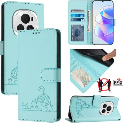 A collage of images showing a light green flip case wallet for a phone, with a cat design, and features like card slots and RFID protection.