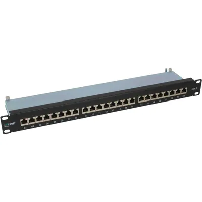 Produktbild von InLine Patchfeld Cat.6, 24-fach, 48,26cm (19"), 1HE, schwarz, RAL9005, Cat6, Rackeinbau, 19U, Schwarz, 1,81 kg, 190 mm