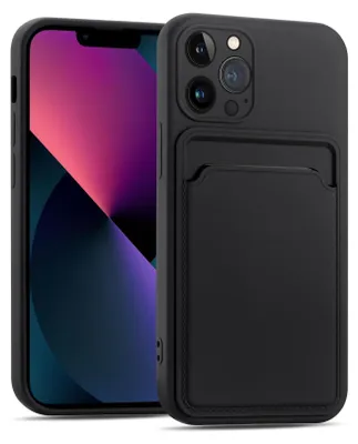 A black iPhone case with a card slot is shown on a black background.