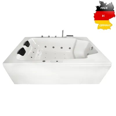 Produktbild von Basera CLASSIC Indoor Whirlpool Badewanne XXL Milos 190 x 120 cm für 2 Personen mit 28 Massagedüsen, Wasserfall, LED-Ambiente, Touchpanel, Bluetooth und Radio