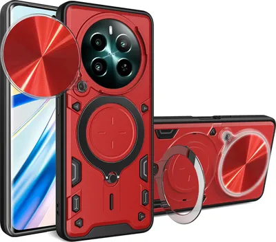 Immagine prodotto di Custodia per Realme 12+ custodia resistente a doppio strato con copertura della fotocamera e supporto ad anello Rosso