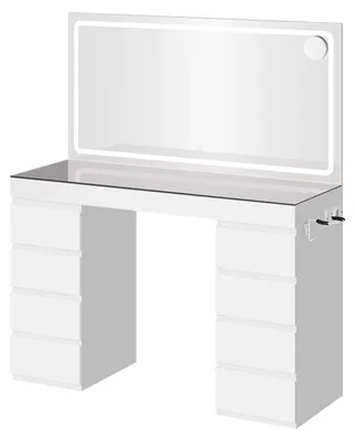 Imagen del producto de Mesa de maquillaje con espejo LED, 11 cajones, puerto de carga, superficie de vidrio, 112 x 40 x 133 cm, color blanco