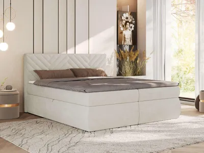 Produktbild von MKS MEBLE Boxspringbett Doppelbett AVERTA 140x200 Polsterbett mit Stauraum, Bonnell-Federkernmatratze H3 gepolstertes Kopfteil - Creme Schenille glatt