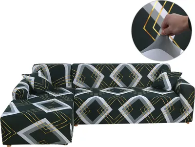 Produktbild von Elastisch Sofabezug Ecksofa L Form Sofahusse Sofa Überwurf Sofaüberwurf Couch Bezug, für Ecksofa (2-Sitzer+3-Sitzer),Schwarzes Quadrat