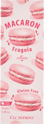 A vertical image of a pink box with macarons on it.