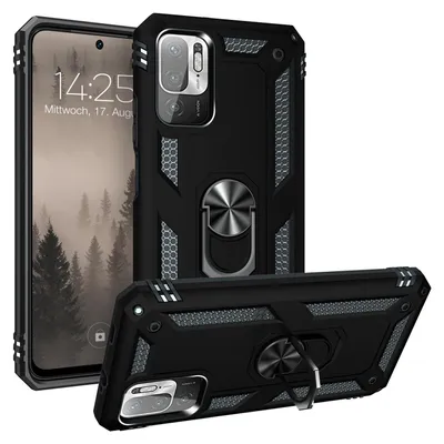A black phone case with a ring holder is displayed with a phone in the background.