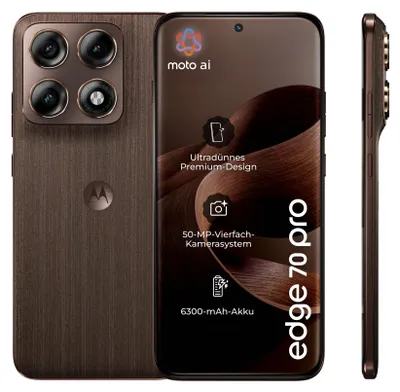Image de Motorola edge 70 pro, écran de 17,2 cm (6,78 pouces), 12 Go de RAM, 512 Go de stockage, appareil photo de 50 MP, système d'exploitation Android 16.0, finition bois