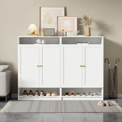 Immagine prodotto di Merax Scarpiera ribaltabile*2, cassettiera per scarpe con 4 ante, ripiani regolabili, ripiani interni regolabili, porta scarpe, L146xP34xH109 cm, bianco