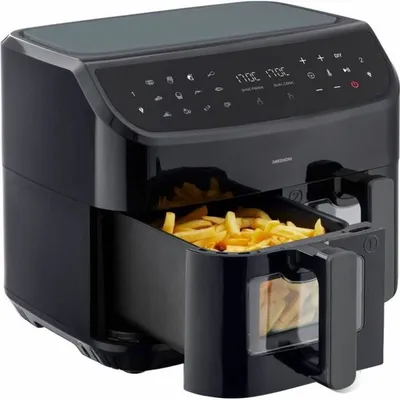 A black Medion air fryer with a basket full of french fries is shown from a slightly angled front view.