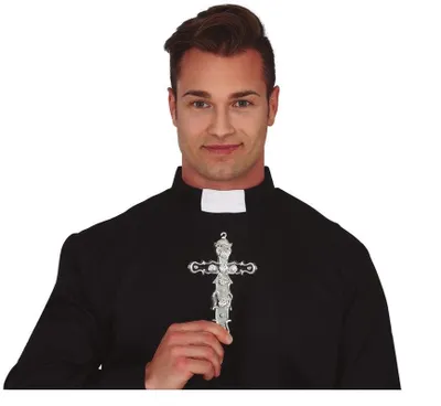 Productafbeelding van Religie. Priester. Kruis. Ketting. Kostuum. Halloween. Accessoire voor kerkelijke thema's of rollenspellen. Kleur: zilver