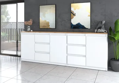 Zdjęcie produktu dla AZ team ® Duża Komoda BIAŁA blat WOTAN 200 cm 6 Szuflad 3 Drzwi Zestaw do Salonu