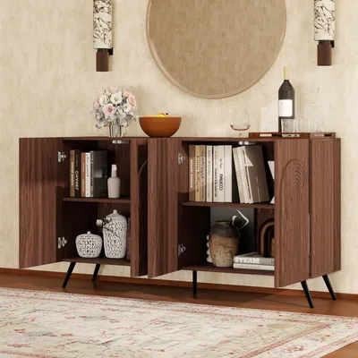 Produktbild von MODFU Sideboard Walnussbraun Beistellschrank mit 3D-Rillen und Bogentüren ,Aufbewahrungsschrank mit Höhenverstellbare Einlegeböden,Metallfüße