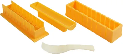 A set of yellow plastic sushi making molds and a white plastic spatula are arranged on a white background.