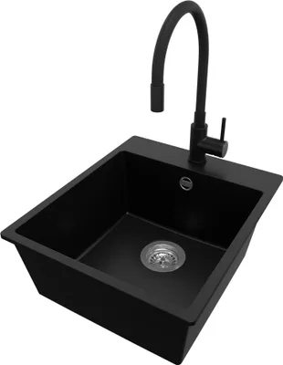 Produktbild von PRIMAGRAN Granitspüle Schwarz 43x50cm, Spülbecken 1 Becken + Küchenarmatur 40x38cm + Ablauf-Set, Küchenspüle ab 45er Unterschrank - Riga
