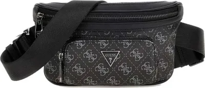 A black Guess bum bag with a repeating logo pattern.