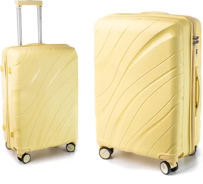 Two yellow suitcases of different sizes are shown against a white background. The suitcases have a wavy pattern on their surface and are equipped with wheels and handles.