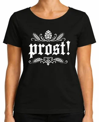 Productafbeelding van Proost! Hopfen Gerste Bierfestival. . Traditioneel kledingstuk: shirt, lederhosen. Dames T-shirt, zwart, maat XL
