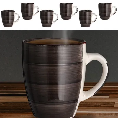Produktbild von Cepewa Steingut Becher 6er Set mit Henkel, braun-schwarz-beige, 9x11x9 cm, 360 ml, für Kaffee & Tee, mediterraner Stil, isolierend, BrownCups