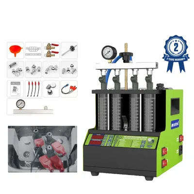 A collage of images showing a fuel injector cleaner machine and its accessories.