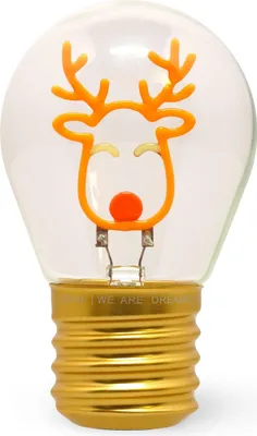A close-up studio shot of a decorative light bulb with a reindeer design inside.